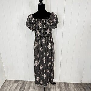 Maurices Smocked Floral Striped Ruffle Sleeve Maxi Dress LARGE Side Slit Flutter